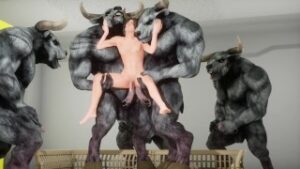 five huge furry minotaurs and one white guy fury clones